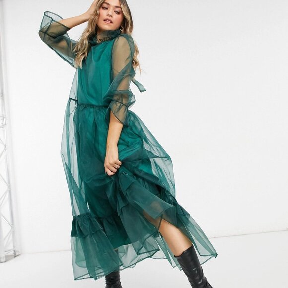 Sister Jane Organza Maxi Smock Dress, Green, XS / S - Picture 5 of 11